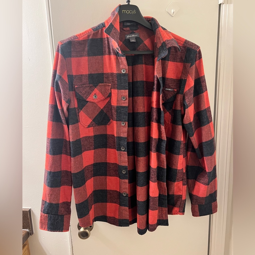 Eddie Bauer Orange and Black Checkered Men's Flannel (Thick)